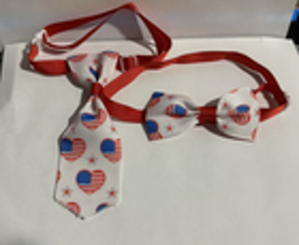 Bow Tie Necktie Set Independent Day July Fourth USA Flag Hearts Dog Cat 7"+
